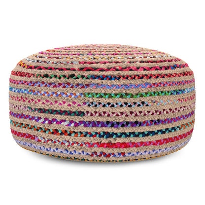 30" Blue Natural and Red Jute and Cotton Striped Round Pouf Ottoman HomeRoots