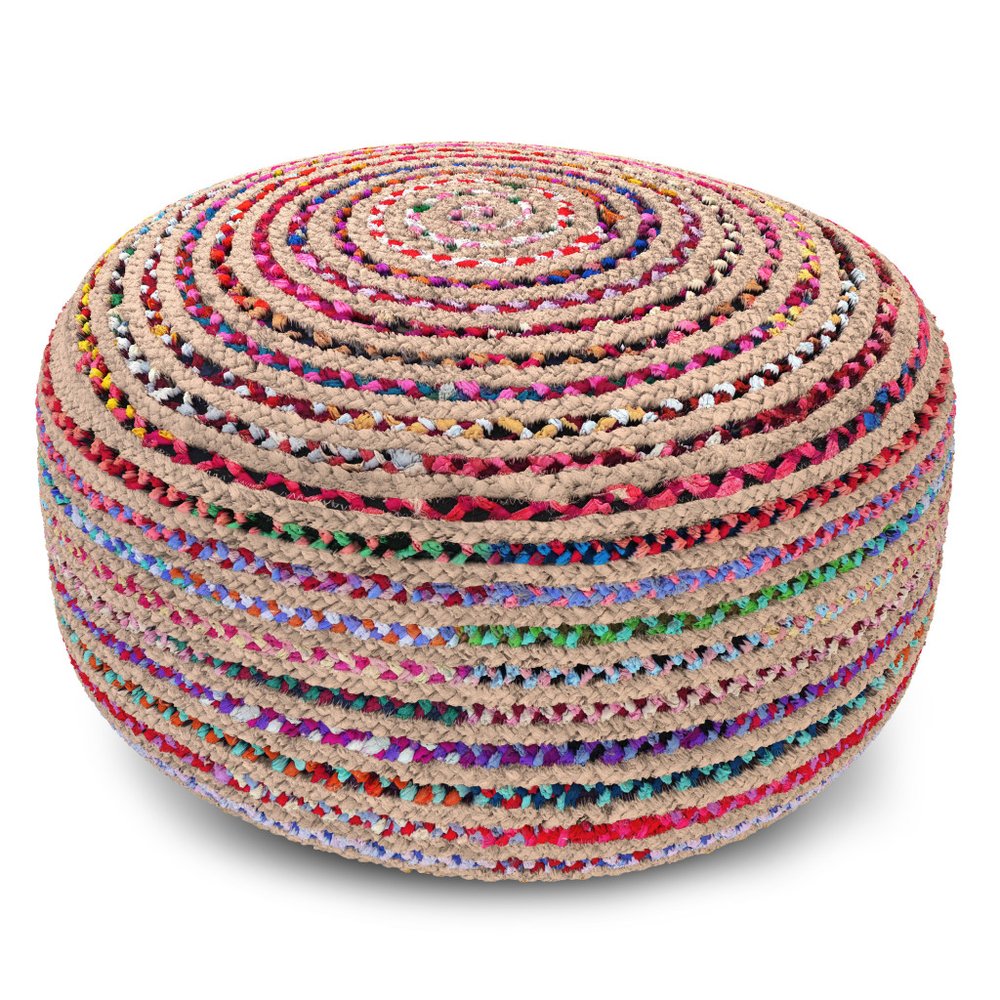 30" Blue Natural and Red Jute and Cotton Striped Round Pouf Ottoman HomeRoots