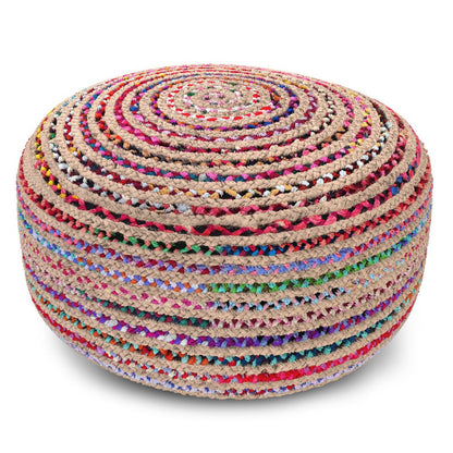 30" Blue Natural and Red Jute and Cotton Striped Round Pouf Ottoman HomeRoots