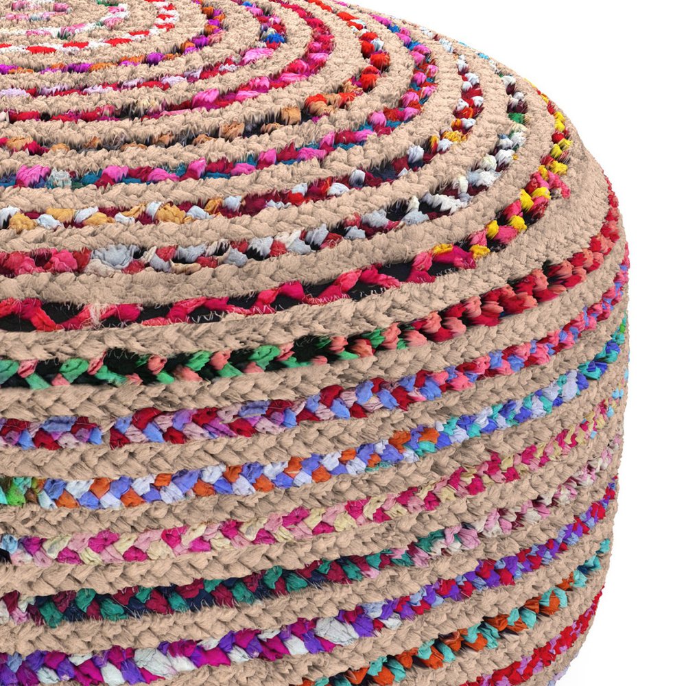 30" Blue Natural and Red Jute and Cotton Striped Round Pouf Ottoman HomeRoots