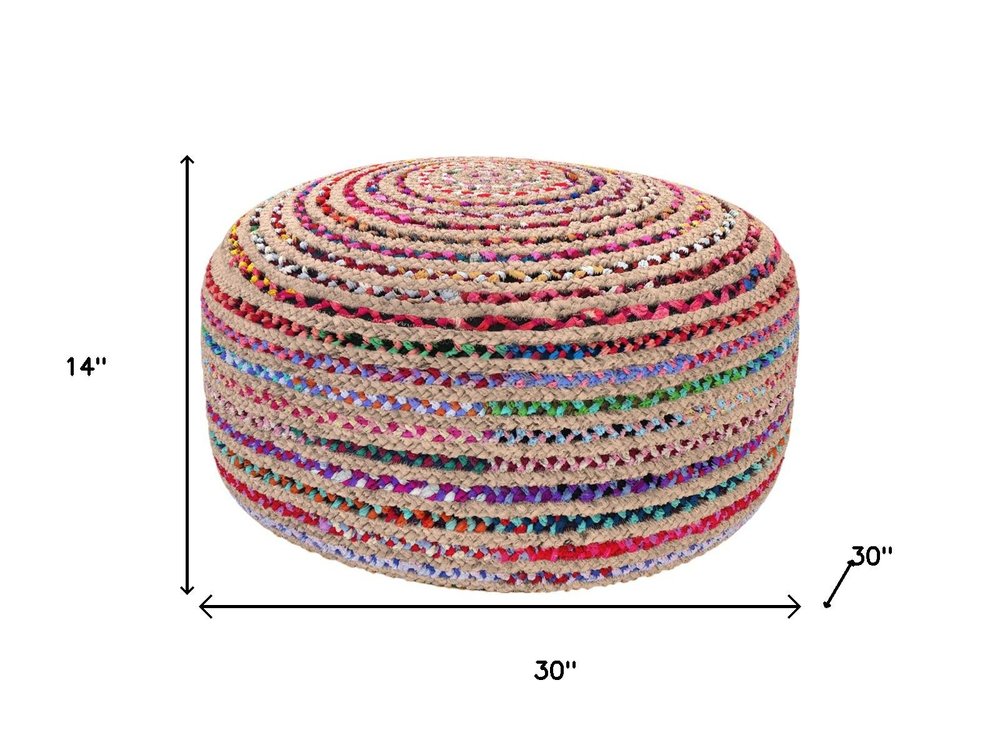30" Blue Natural and Red Jute and Cotton Striped Round Pouf Ottoman HomeRoots