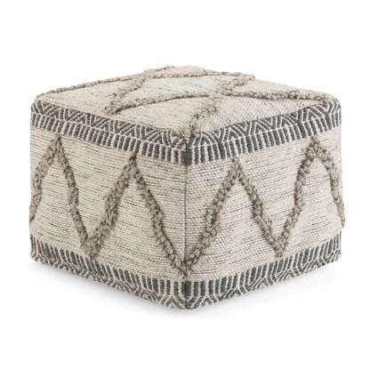 18" Gray and Tan Cotton and Wool Geometric Pouf Ottoman