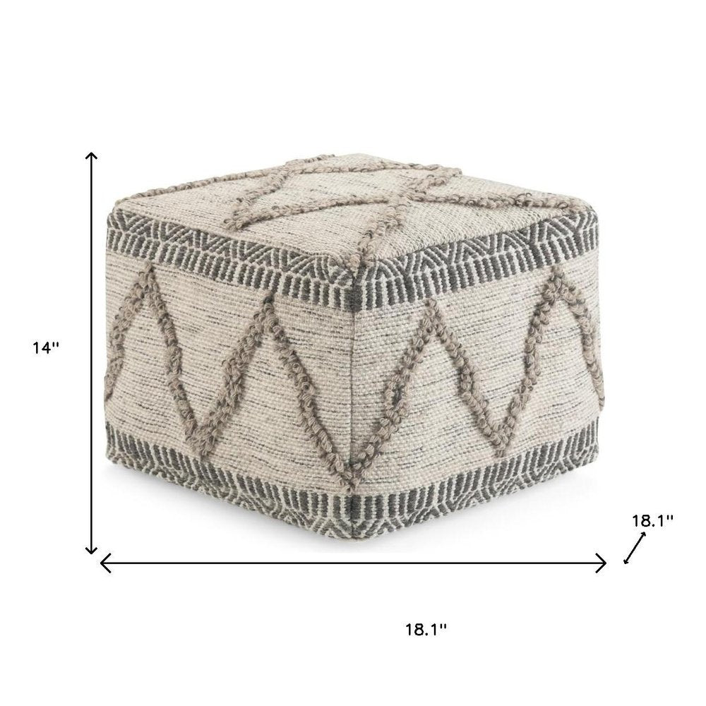 18" Gray and Tan Cotton and Wool Geometric Pouf Ottoman HomeRoots