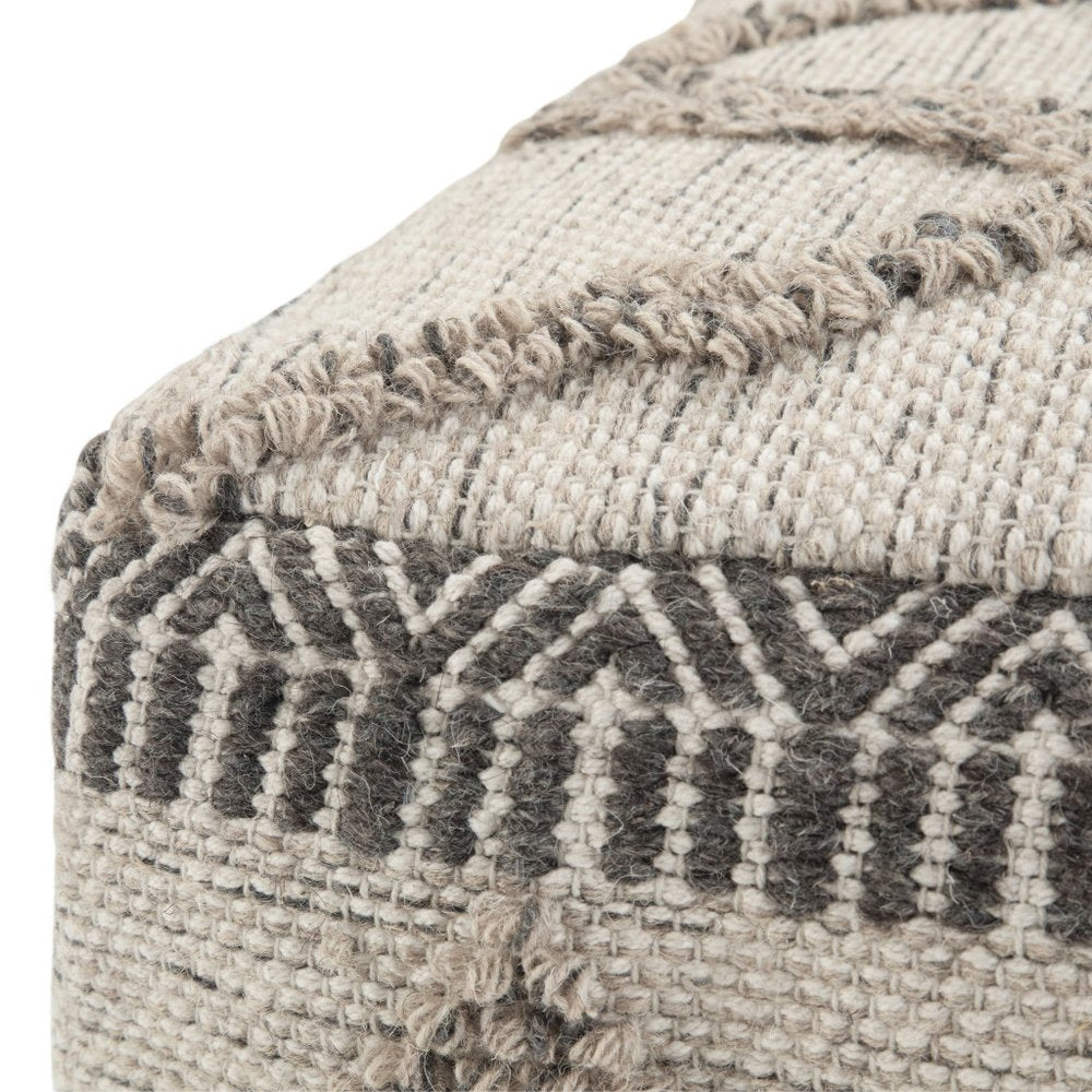 18" Gray and Tan Cotton and Wool Geometric Pouf Ottoman HomeRoots