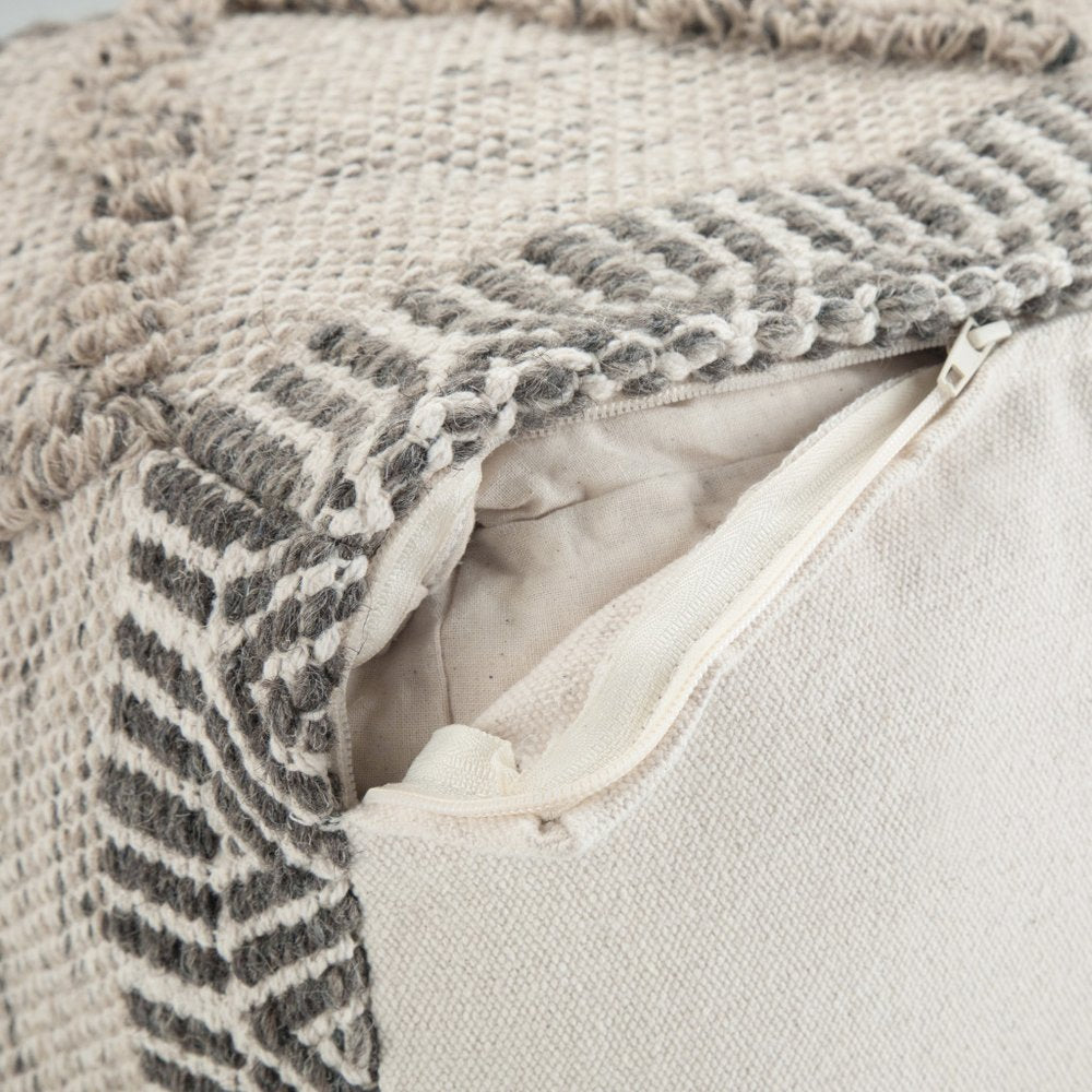 18" Gray and Tan Cotton and Wool Geometric Pouf Ottoman — view 13