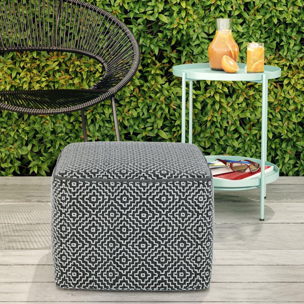 18" Gray And White Polyester Geometric Outdoor Pouf Ottoman HomeRoots