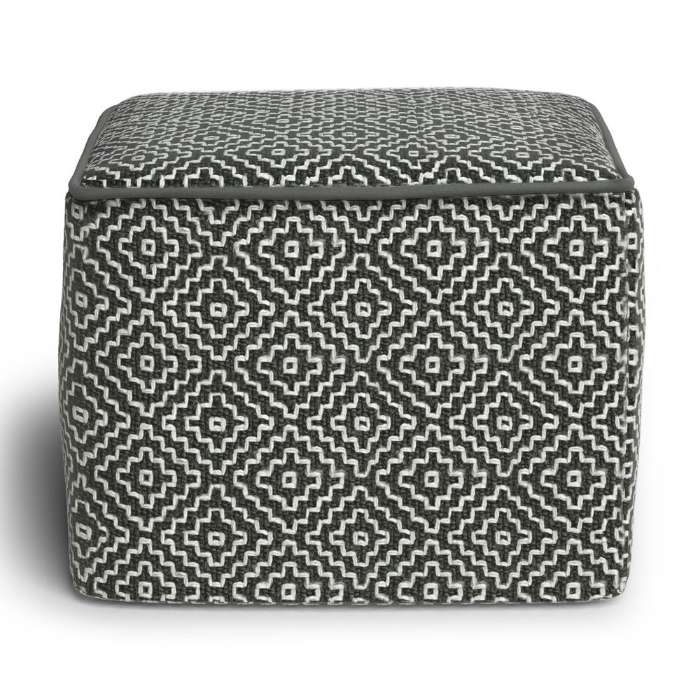 18" Gray And White Polyester Geometric Outdoor Pouf Ottoman HomeRoots