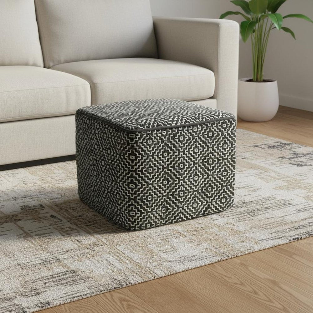 18" Gray And White Polyester Geometric Outdoor Pouf Ottoman HomeRoots
