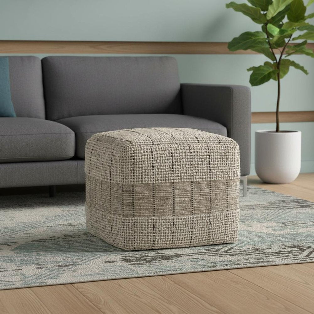 18" Gray and Tan Jute and Cotton Geometric Pouf Ottoman HomeRoots