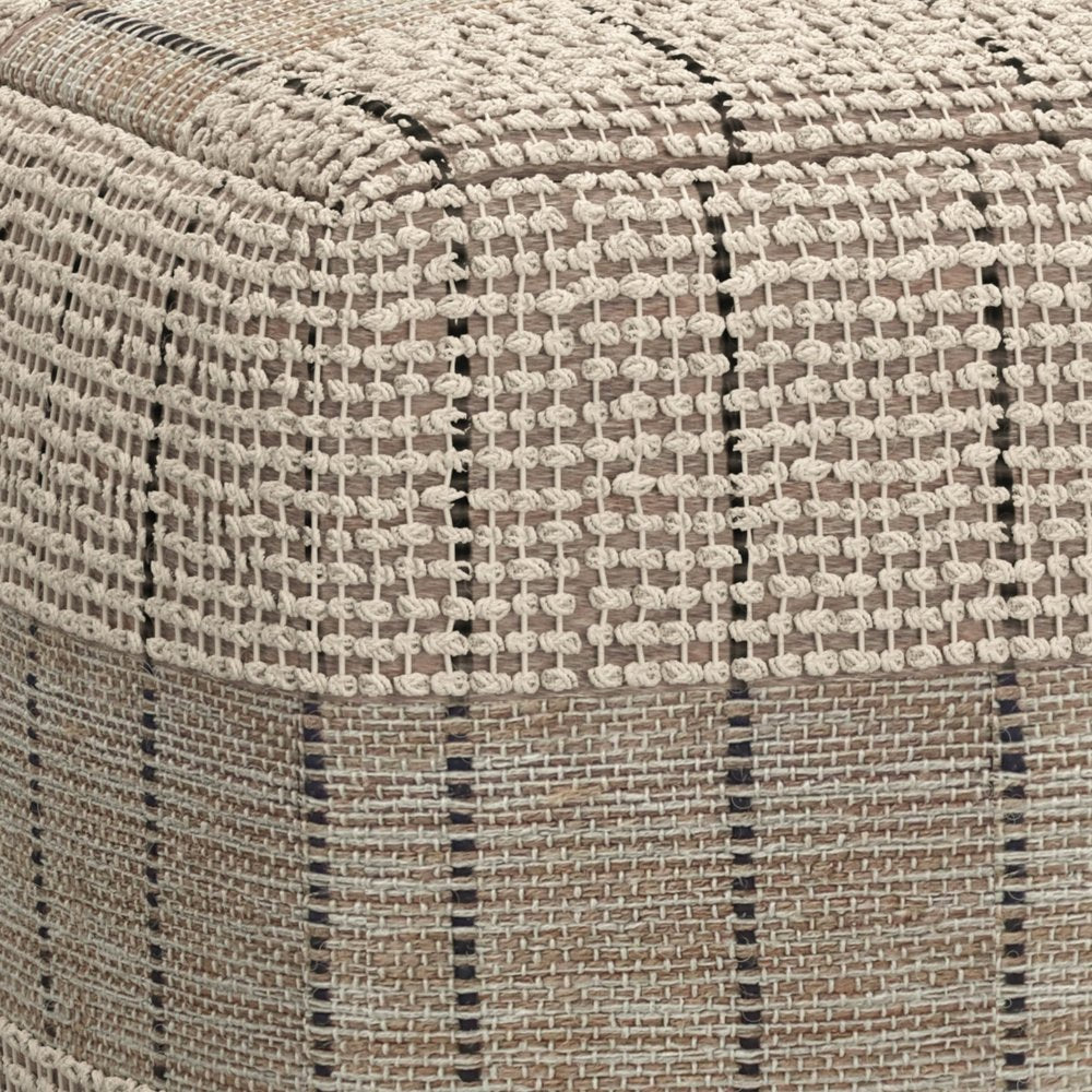 18" Gray and Tan Jute and Cotton Geometric Pouf Ottoman HomeRoots
