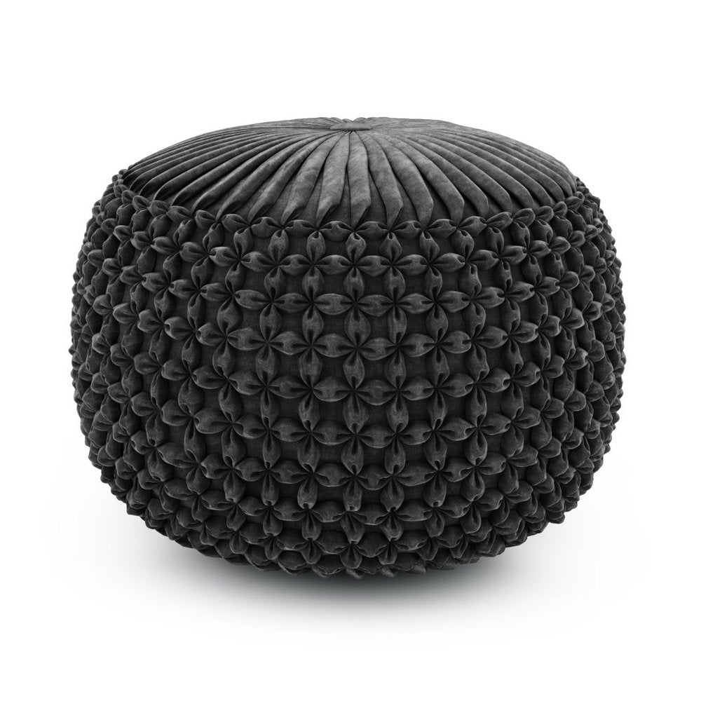20" Slate Gray Velvet Tufted Round Pouf Ottoman — view 1