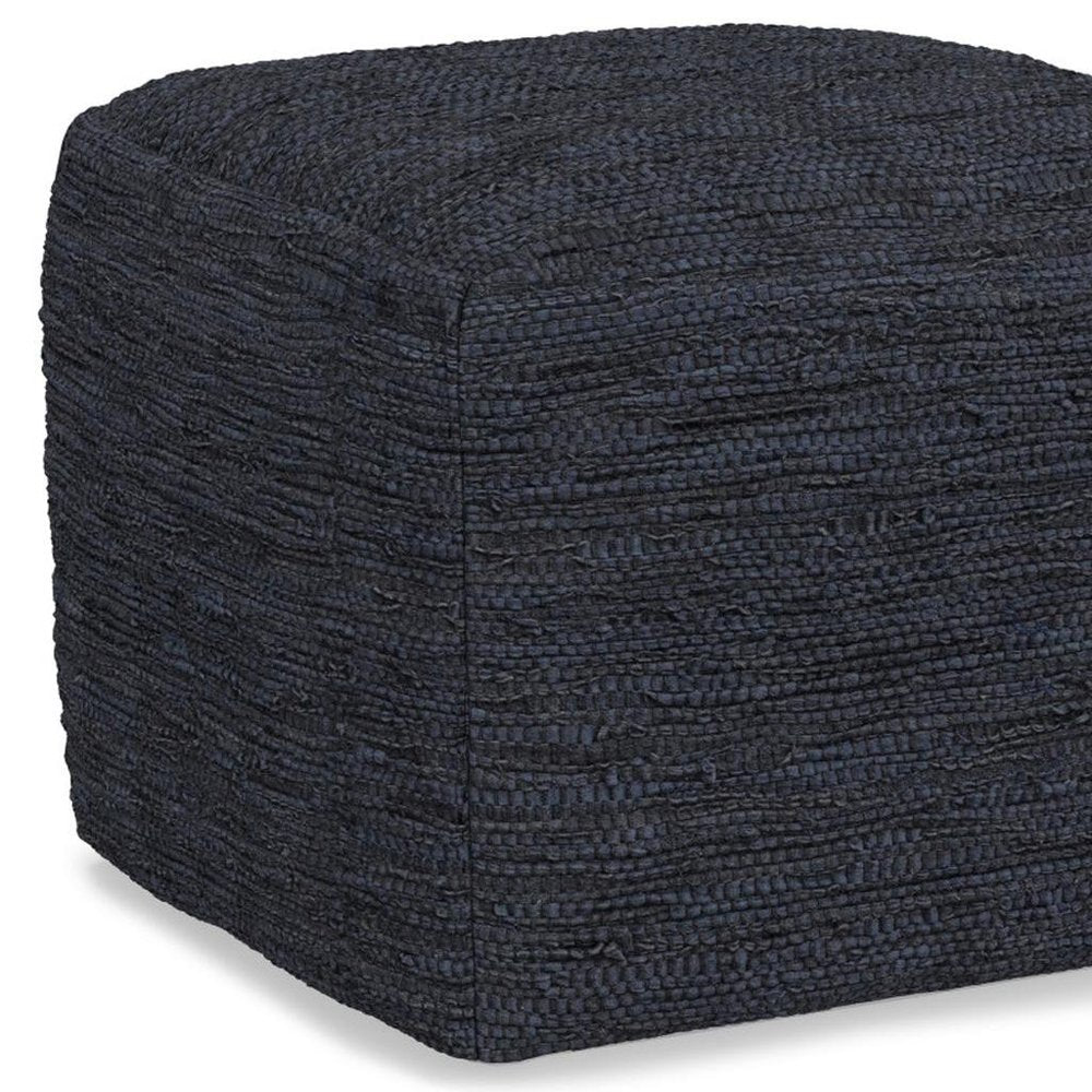 18" Black Genuine Leather Pouf Ottoman HomeRoots