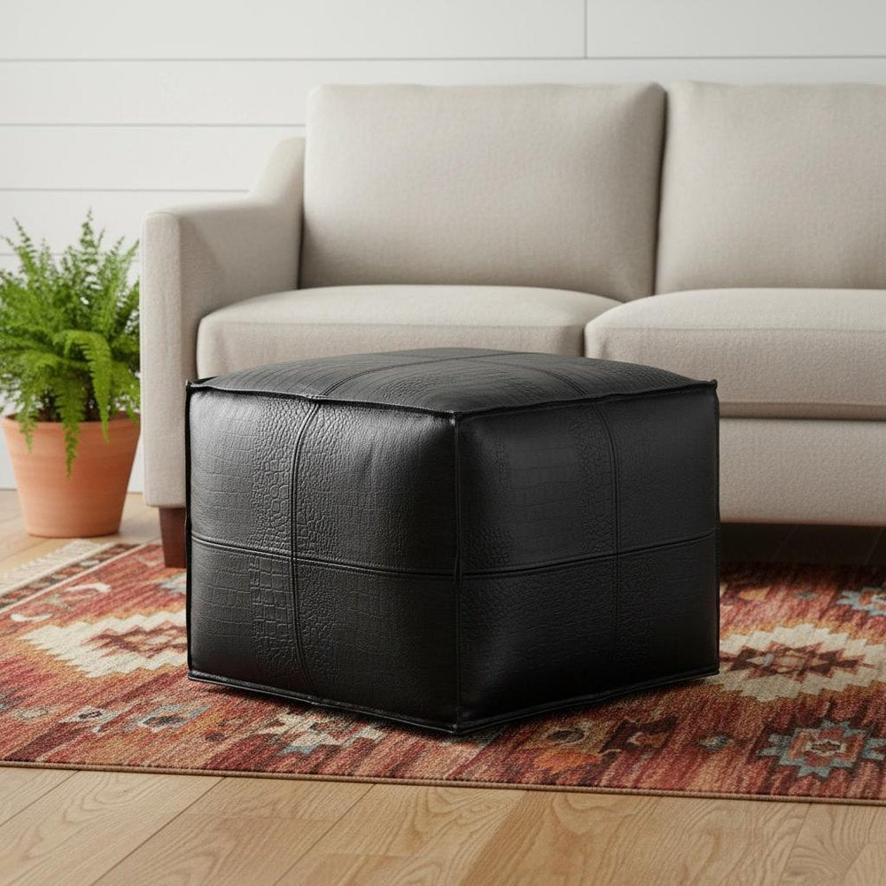 18" Black Genuine Leather Pouf Ottoman HomeRoots