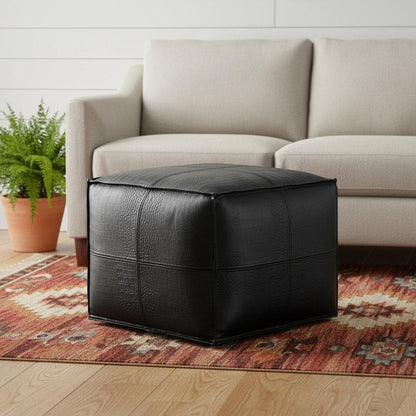 18" Black Genuine Leather Pouf Ottoman HomeRoots