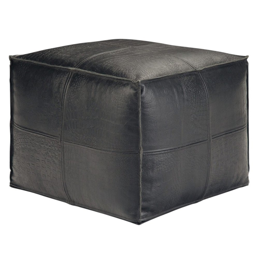 18" Black Genuine Leather Pouf Ottoman HomeRoots