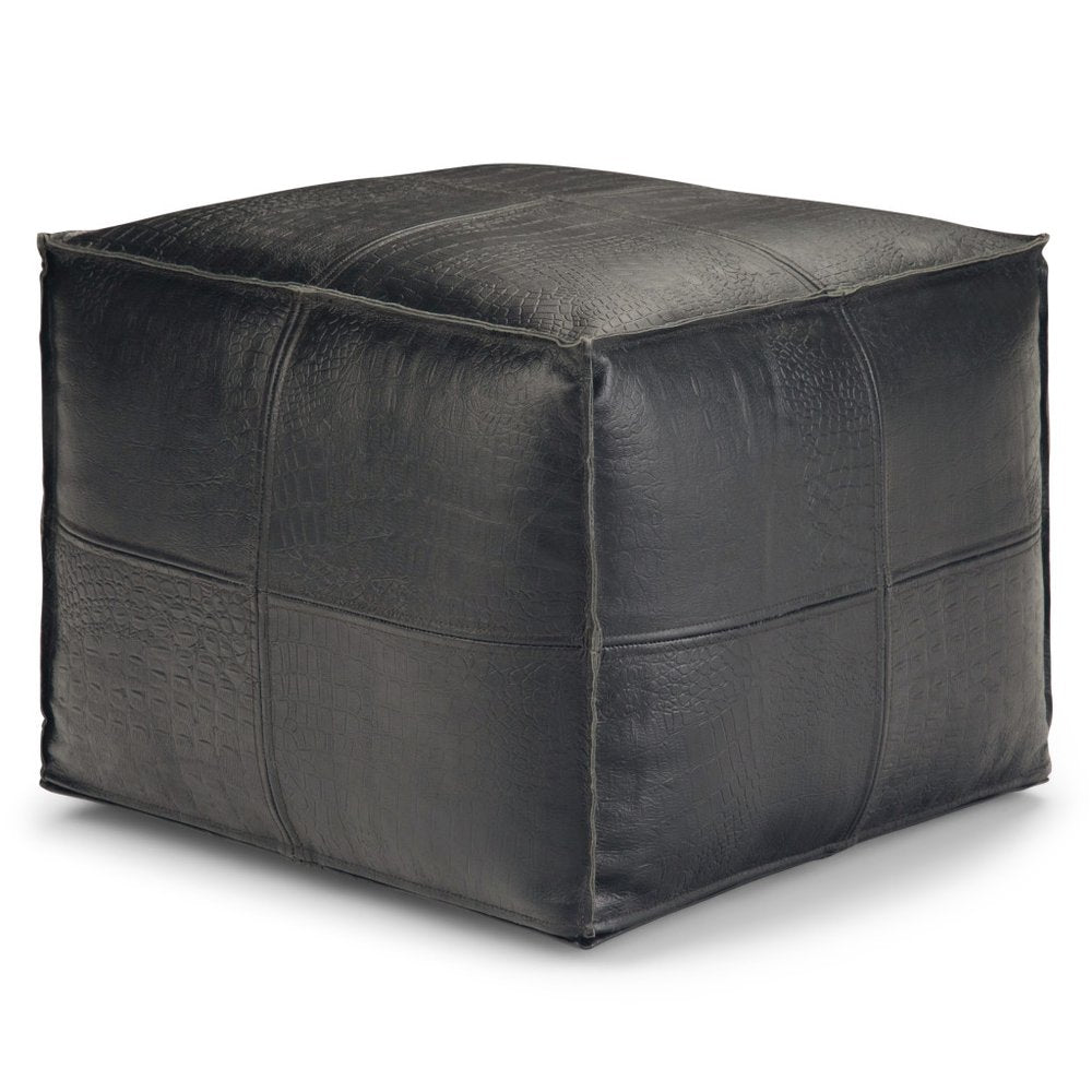 18" Black Genuine Leather Pouf Ottoman HomeRoots