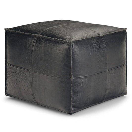 18" Brown Genuine Leather Pouf Ottoman