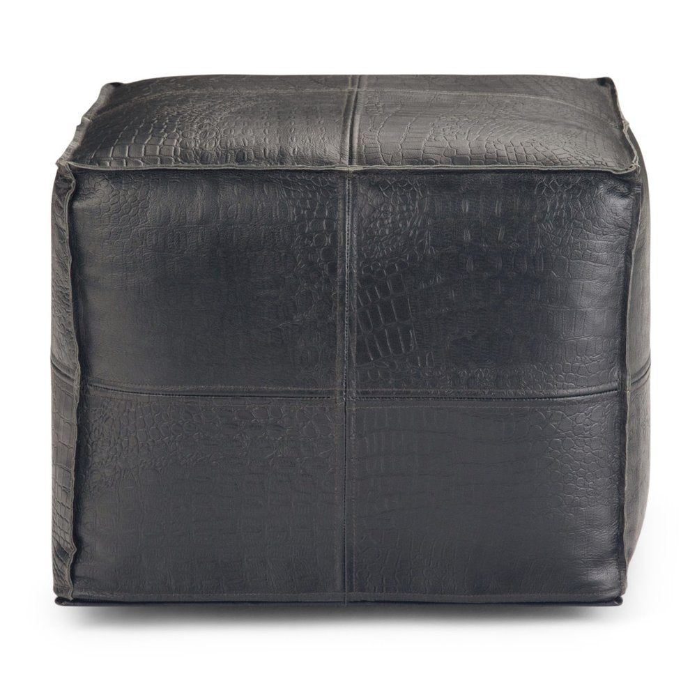 18" Black Genuine Leather Pouf Ottoman HomeRoots