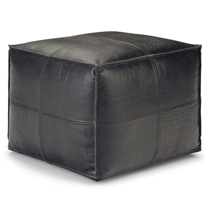 18" Black Genuine Leather Pouf Ottoman HomeRoots