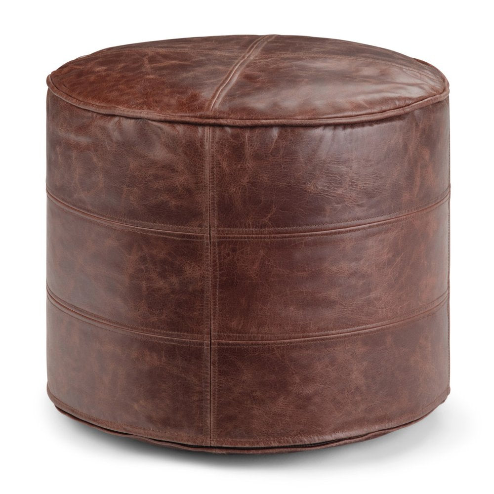 18" Brown Genuine Leather Round Pouf Ottoman — view 1