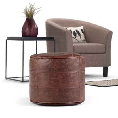 18" Brown Genuine Leather Round Pouf Ottoman HomeRoots