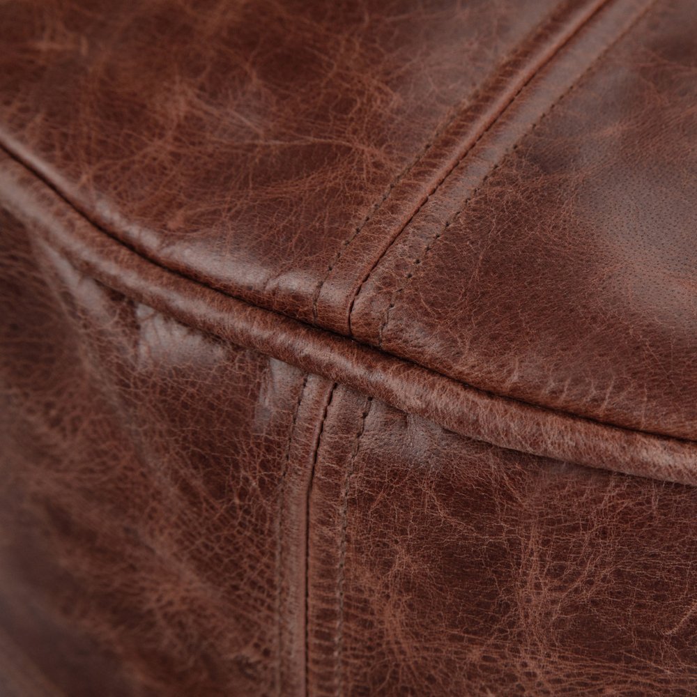 18" Brown Genuine Leather Round Pouf Ottoman HomeRoots