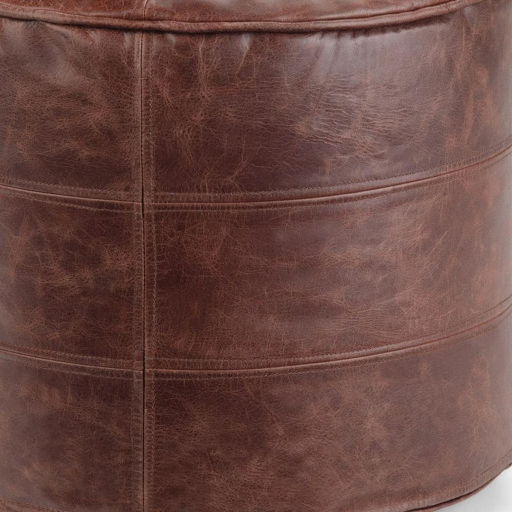 18" Brown Genuine Leather Round Pouf Ottoman — view 4