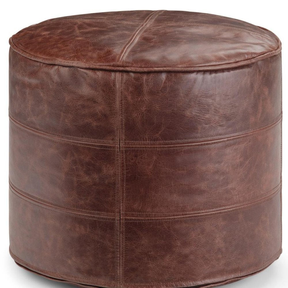 18" Brown Genuine Leather Round Pouf Ottoman — view 5