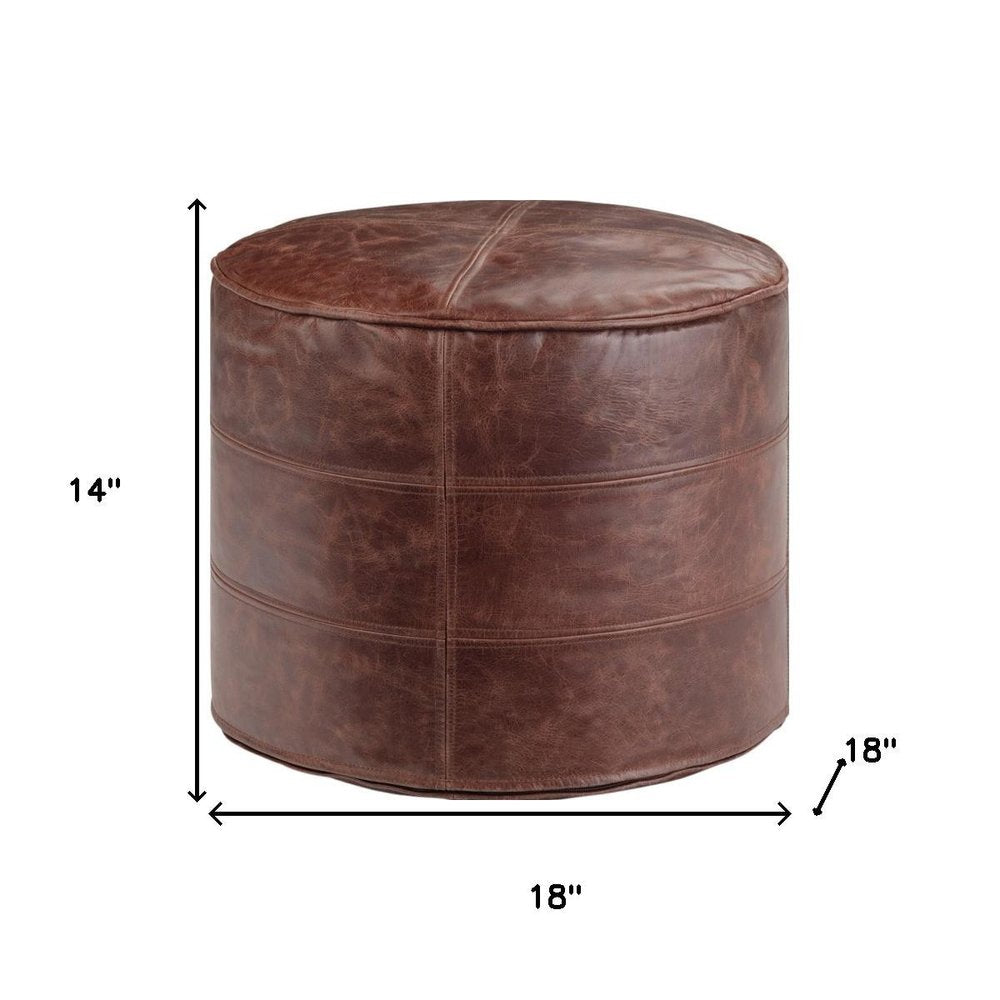 18" Brown Genuine Leather Round Pouf Ottoman — view 8