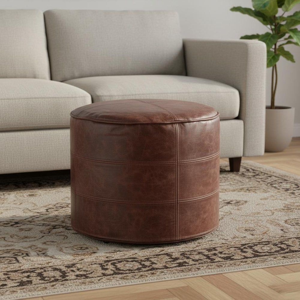 18" Brown Genuine Leather Round Pouf Ottoman HomeRoots