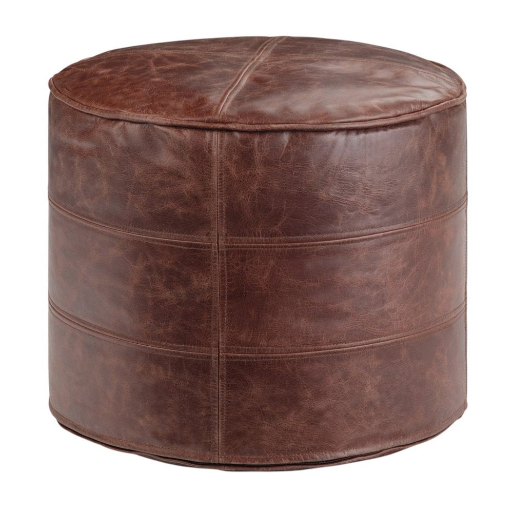18" Brown Genuine Leather Round Pouf Ottoman HomeRoots