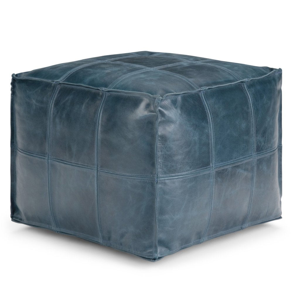 18" Teal Blue Genuine Leather Pouf Ottoman HomeRoots
