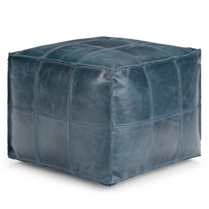 18" Teal Blue Genuine Leather Pouf Ottoman HomeRoots
