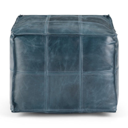 18" Teal Blue Genuine Leather Pouf Ottoman HomeRoots