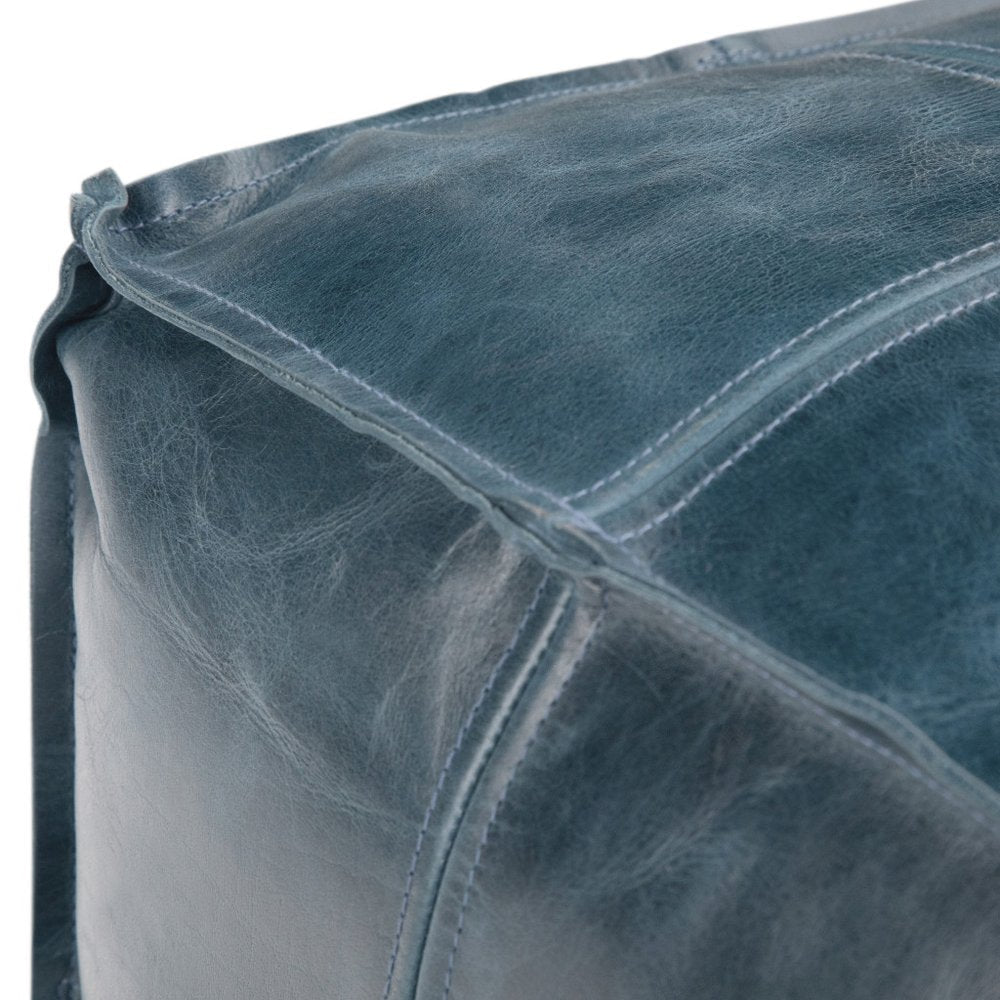 18" Teal Blue Genuine Leather Pouf Ottoman HomeRoots