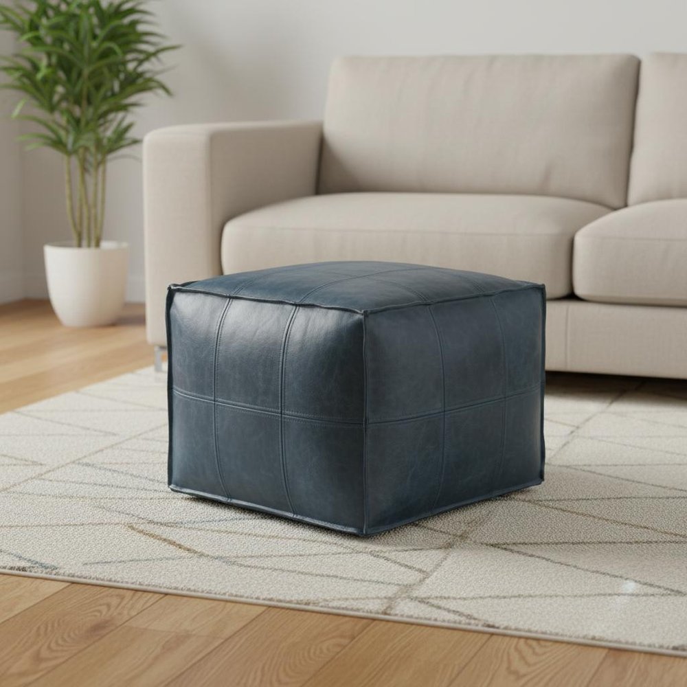 18" Teal Blue Genuine Leather Pouf Ottoman HomeRoots