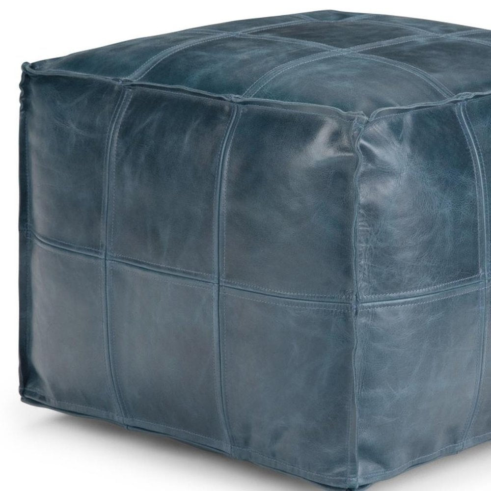 18" Teal Blue Genuine Leather Pouf Ottoman HomeRoots