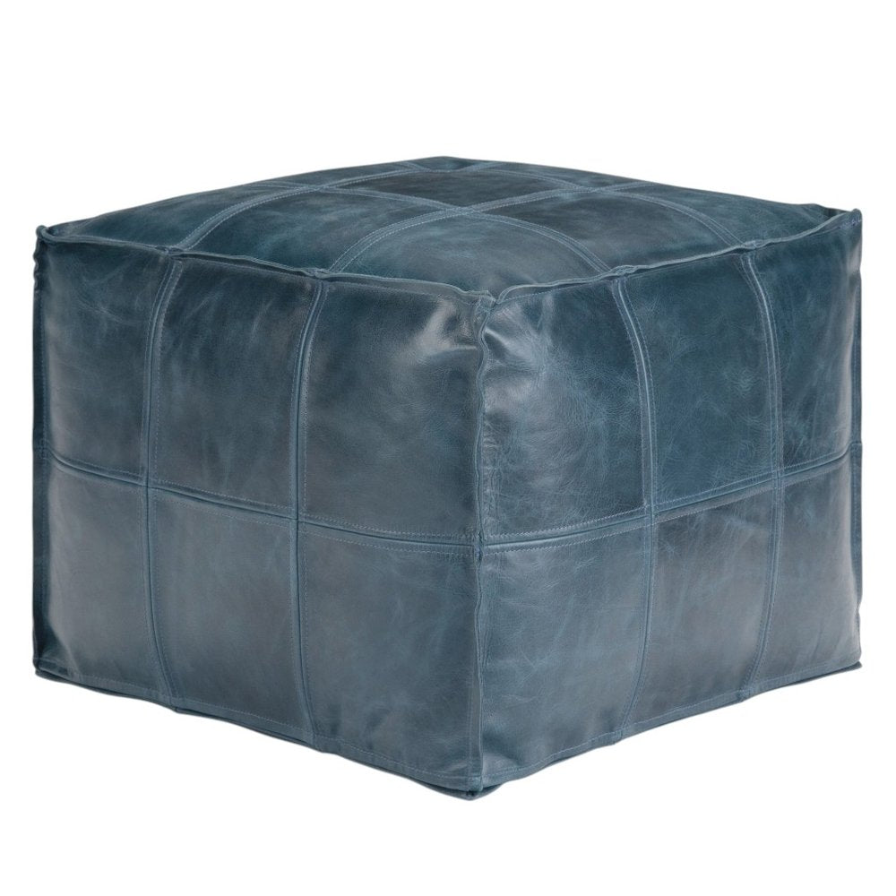 18" Teal Blue Genuine Leather Pouf Ottoman HomeRoots