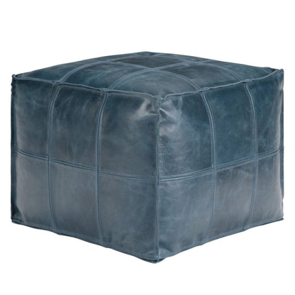 18" Teal Blue Genuine Leather Pouf Ottoman HomeRoots