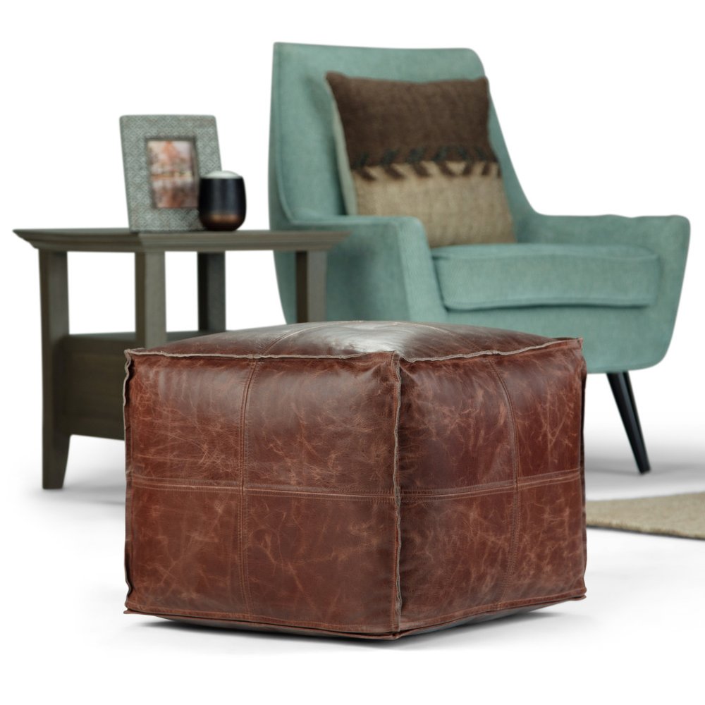 18" Black Genuine Leather Pouf Ottoman HomeRoots