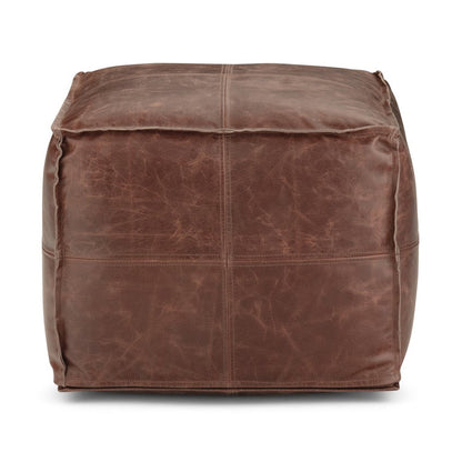 18" Black Genuine Leather Pouf Ottoman HomeRoots