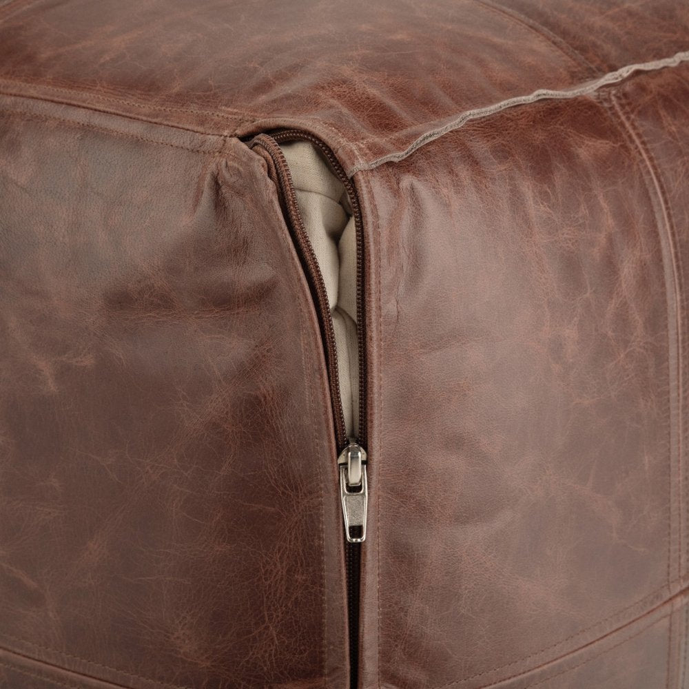 18" Black Genuine Leather Pouf Ottoman HomeRoots