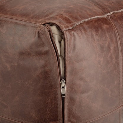 18" Black Genuine Leather Pouf Ottoman HomeRoots