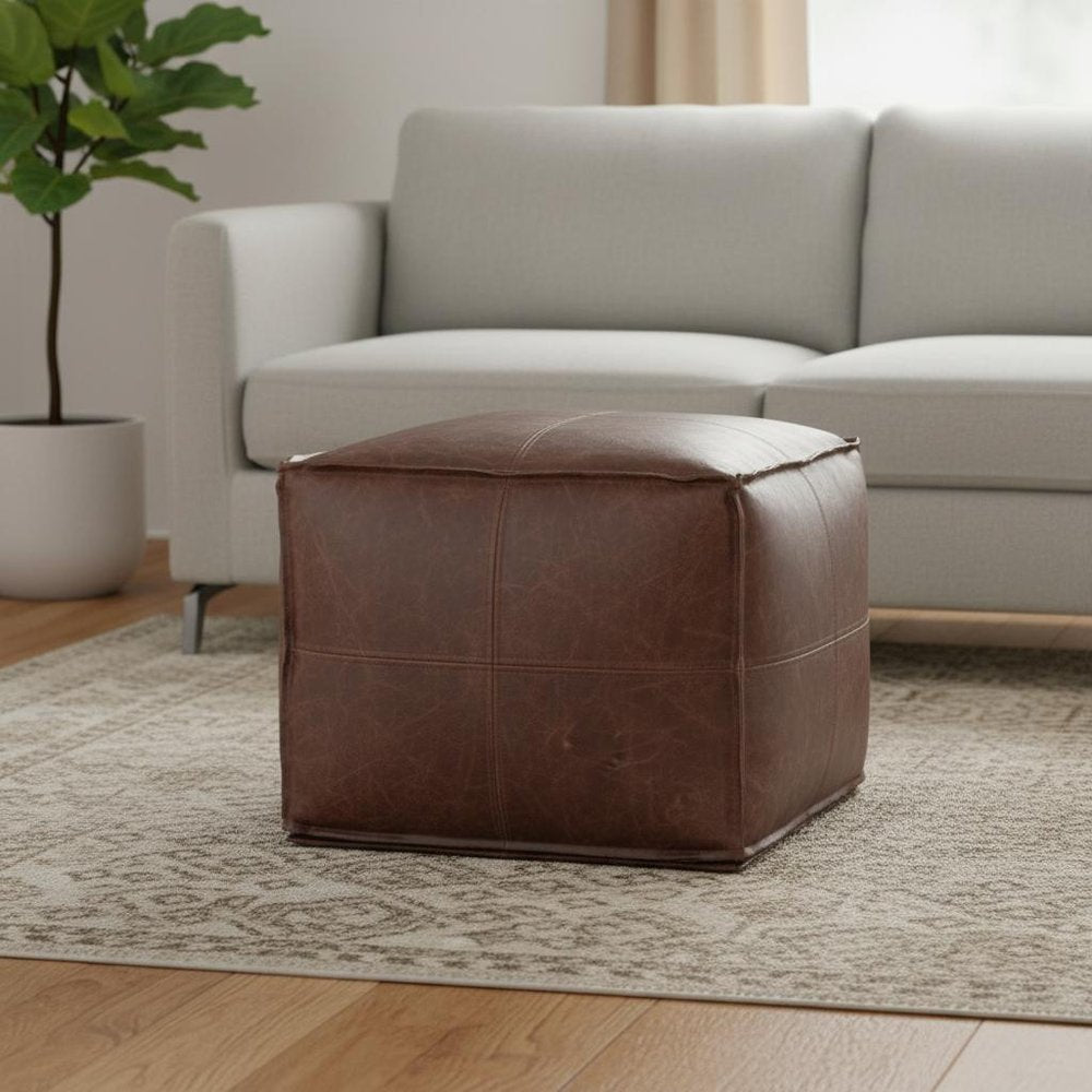 18" Black Genuine Leather Pouf Ottoman HomeRoots