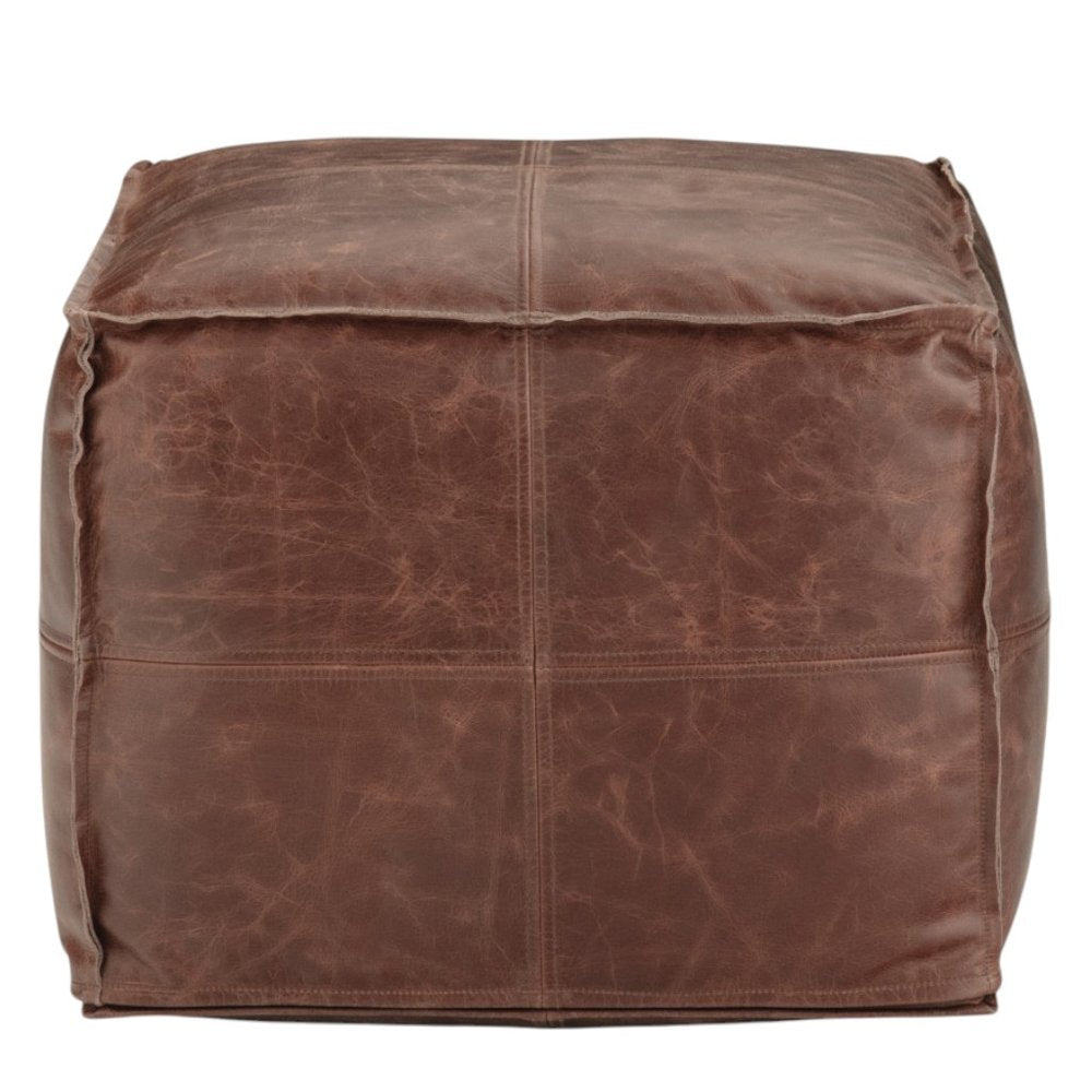 18" Black Genuine Leather Pouf Ottoman HomeRoots