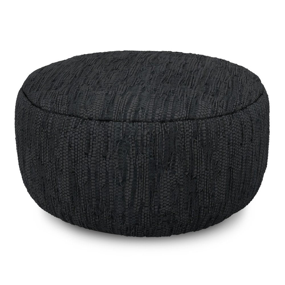 30" Black Genuine Leather Round Pouf Ottoman — view 2