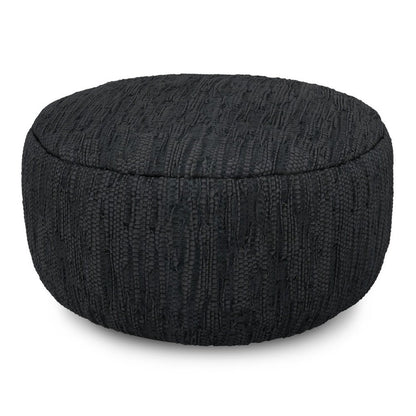 30" Black Genuine Leather Round Pouf Ottoman HomeRoots