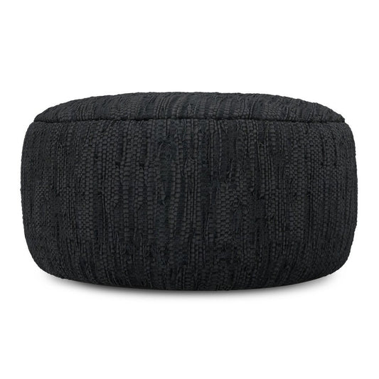 30" Black Genuine Leather Round Pouf Ottoman