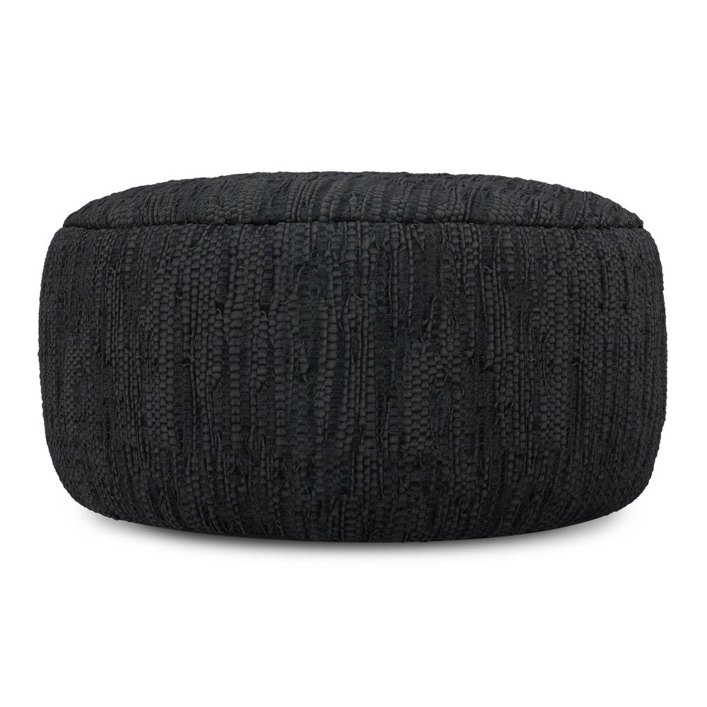 30" Black Genuine Leather Round Pouf Ottoman HomeRoots