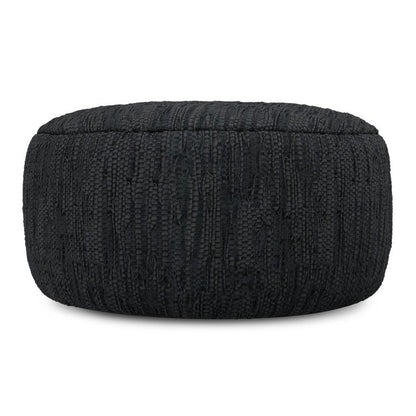 30" Black Genuine Leather Round Pouf Ottoman HomeRoots